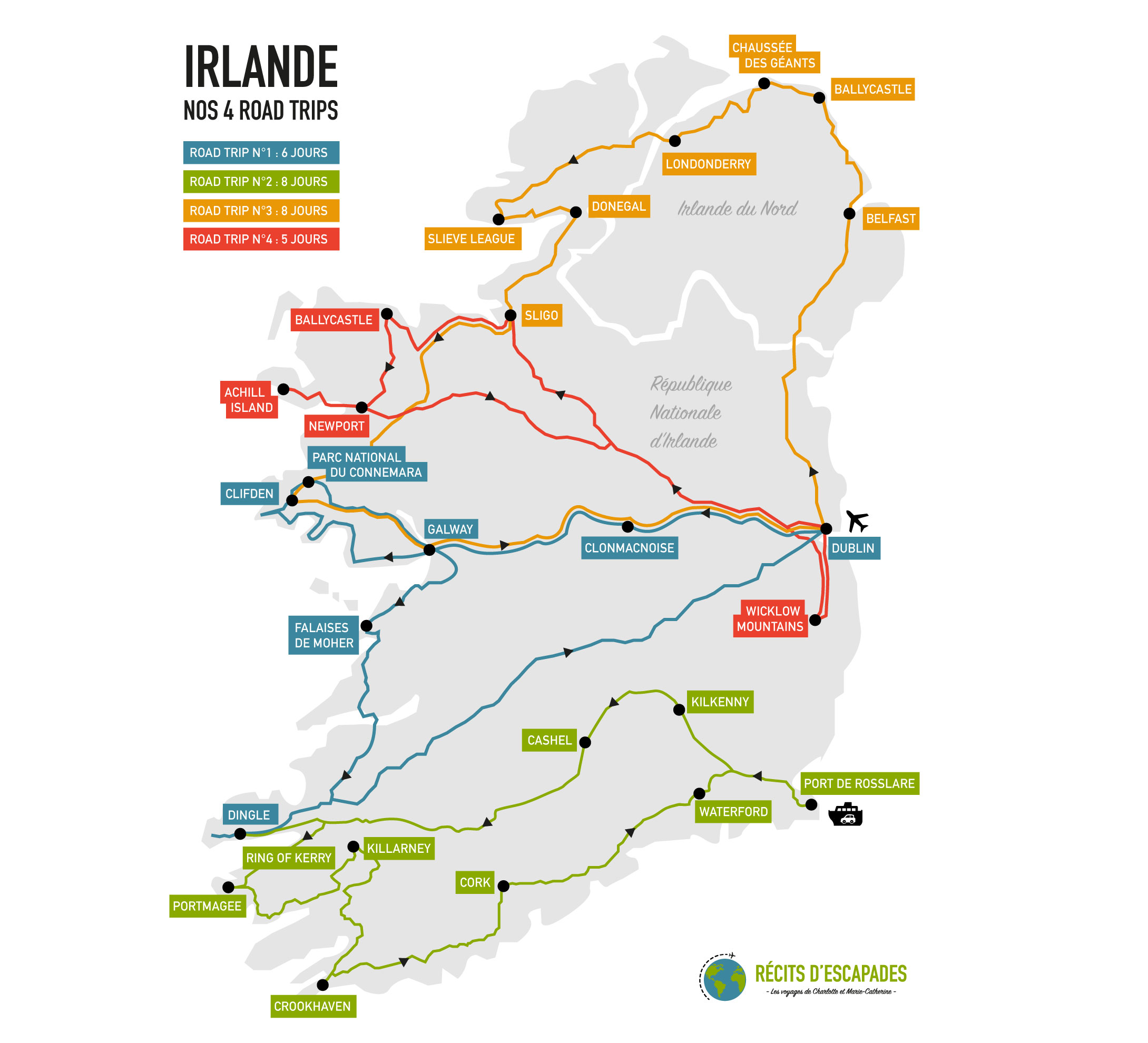 Carte de nos 4 road trip en Irlande