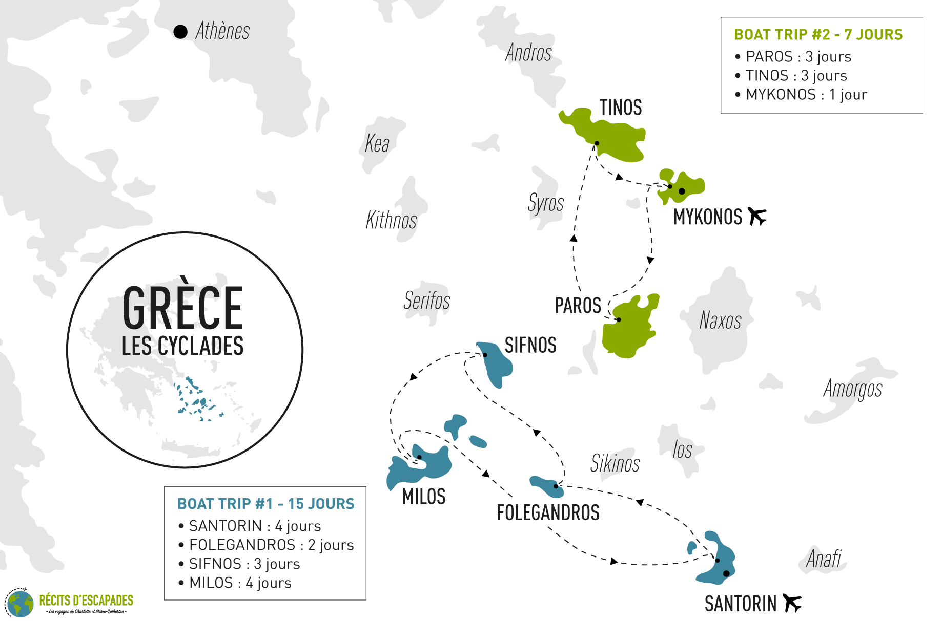 Carte des îles visitées dans les cyclades grecques